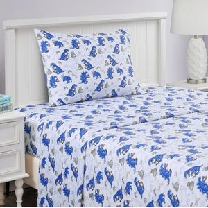 🆕 Gaming Dinosaur Sheets Twin Set in Velcro Storage Bag Blue White
